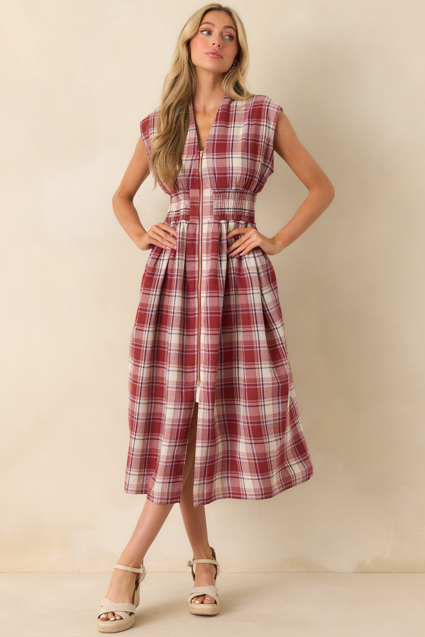 The Evette Red Tartan Plaid Cotton Zip Front Midi Dress