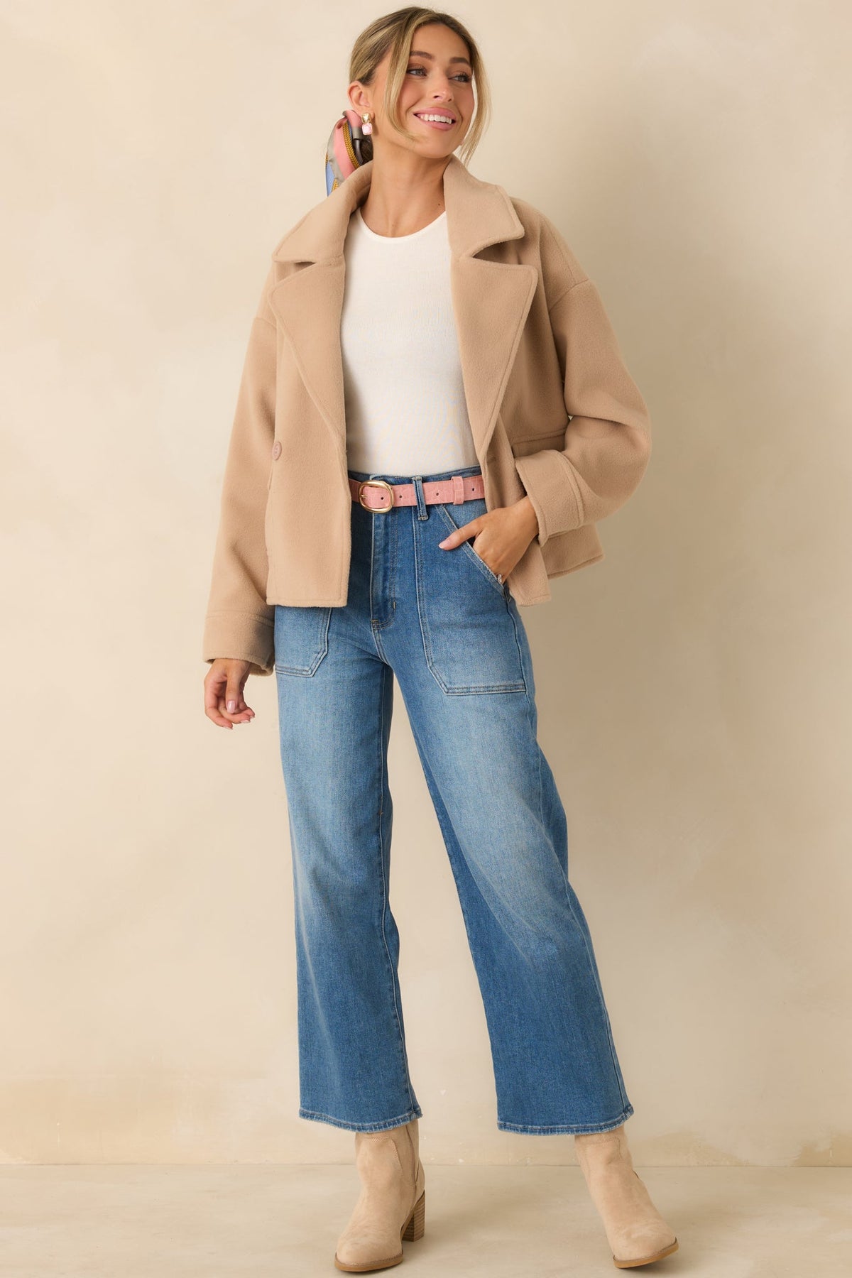 Well Considered Taupe Brushed Felted Double Breasted Cropped Jacket