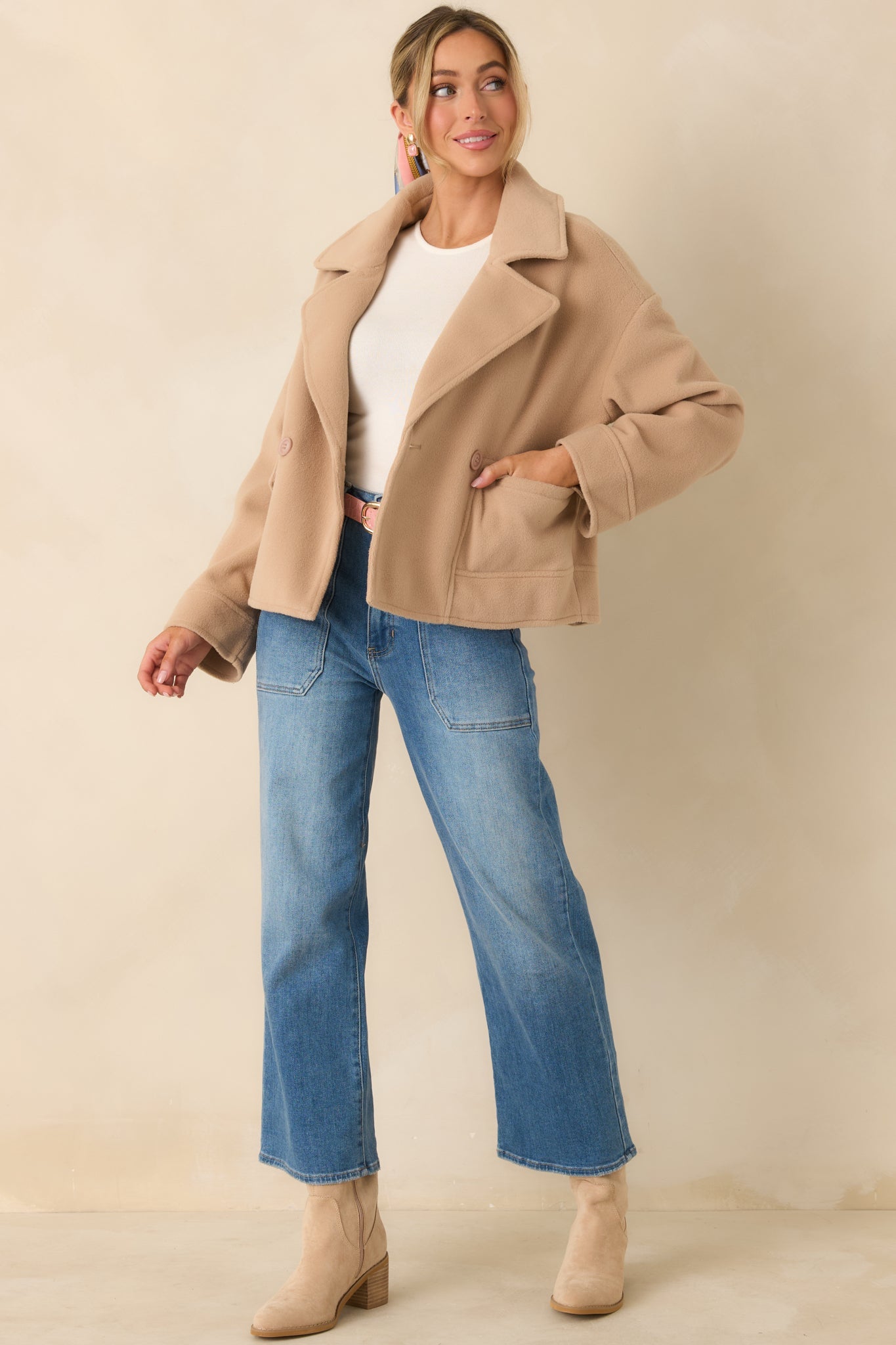 Well Considered Taupe Brushed Felted Double Breasted Cropped Jacket