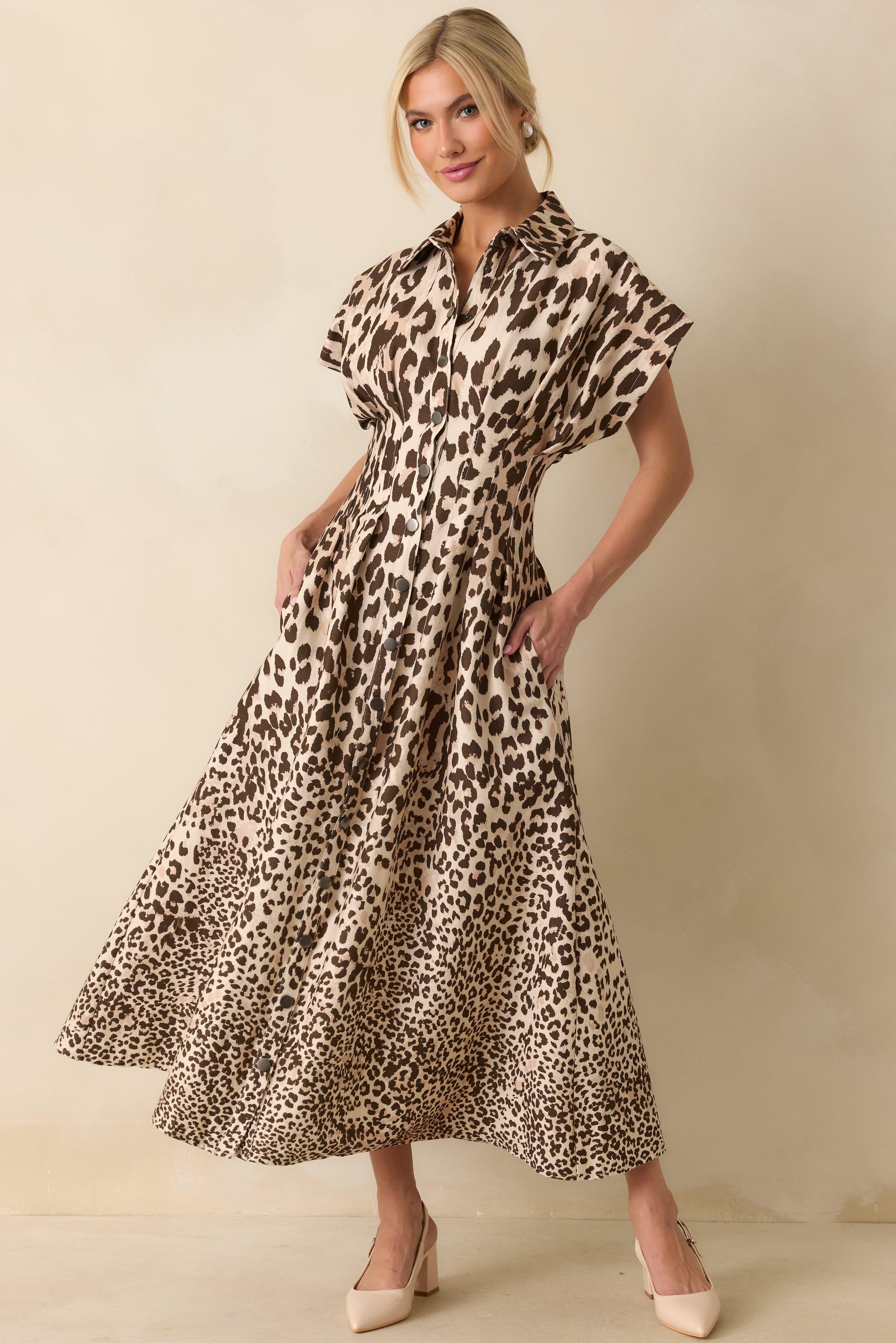 Wild About It Taupe Leopard Print Denim Pocketed Maxi Dress