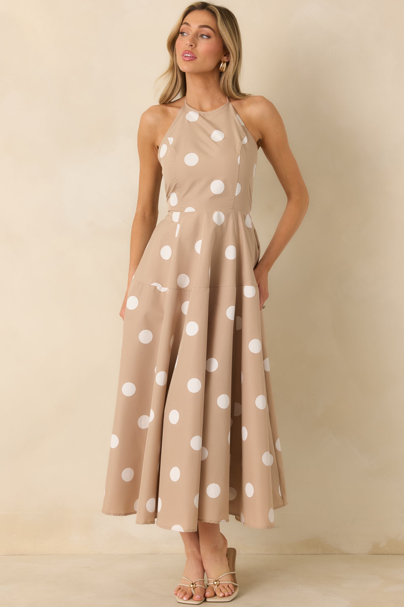 Made For Twirling Taupe Polka Dot Halter Maxi Dress
