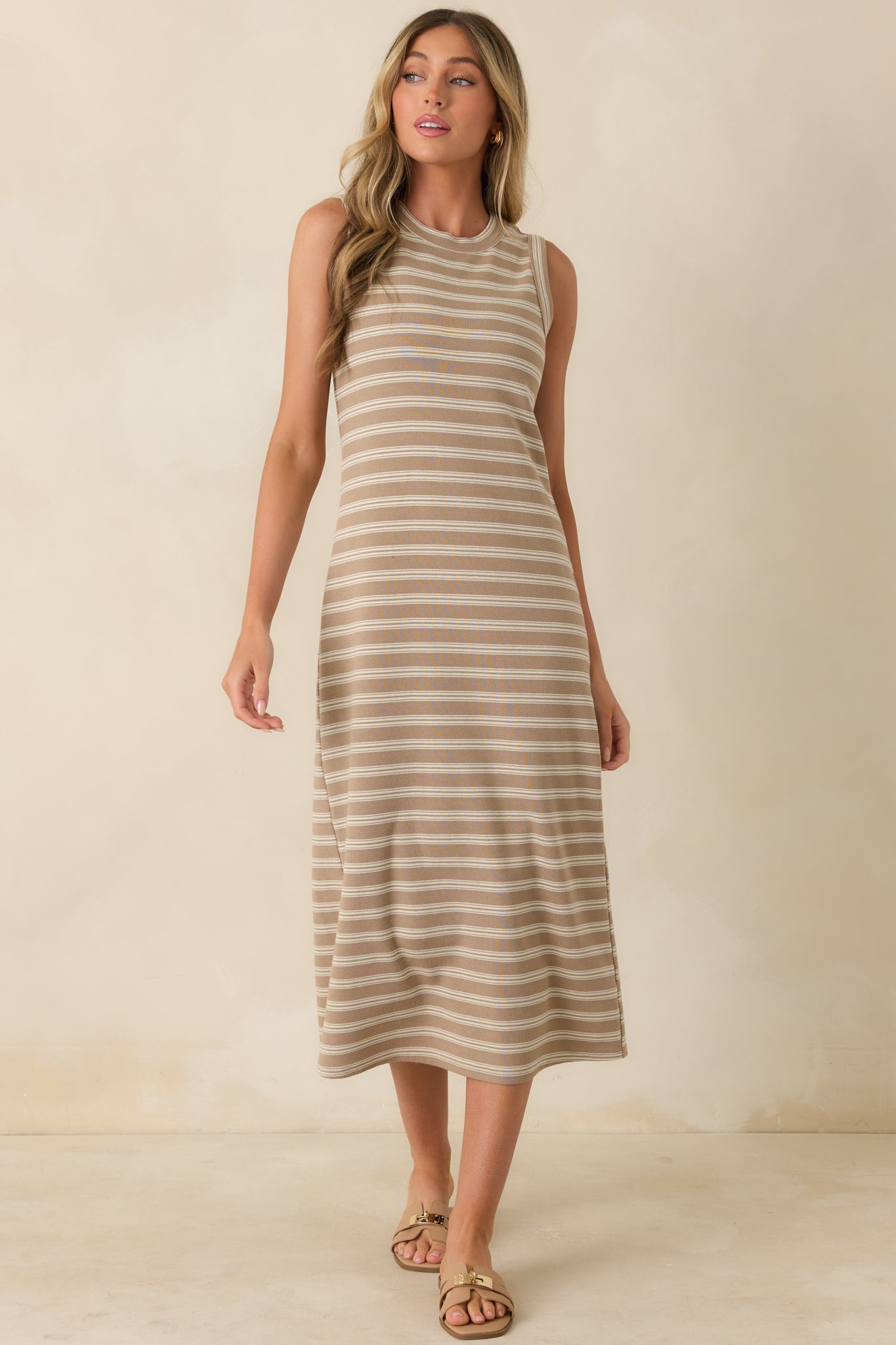 Sunlit Simplicity Taupe Stripe Button Back Midi Dress