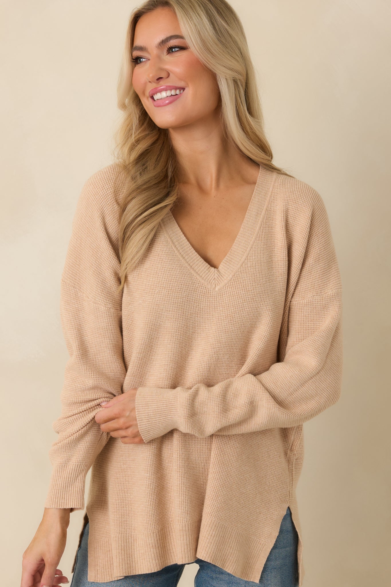Cozy Afternoon Light Taupe V-Neck Sweater