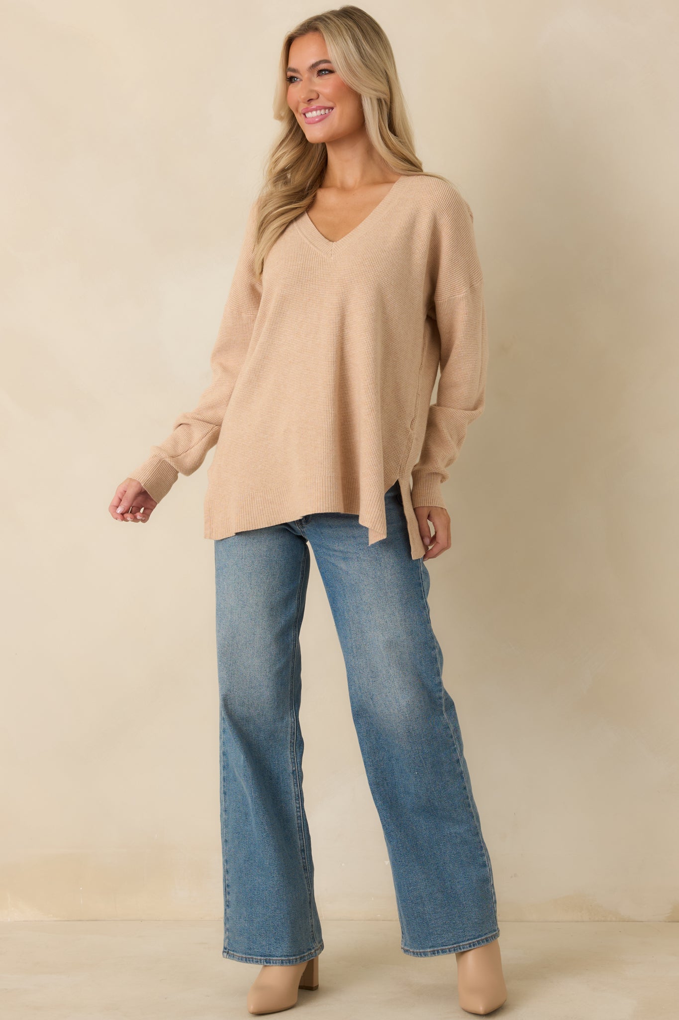 Cozy Afternoon Light Taupe V-Neck Sweater