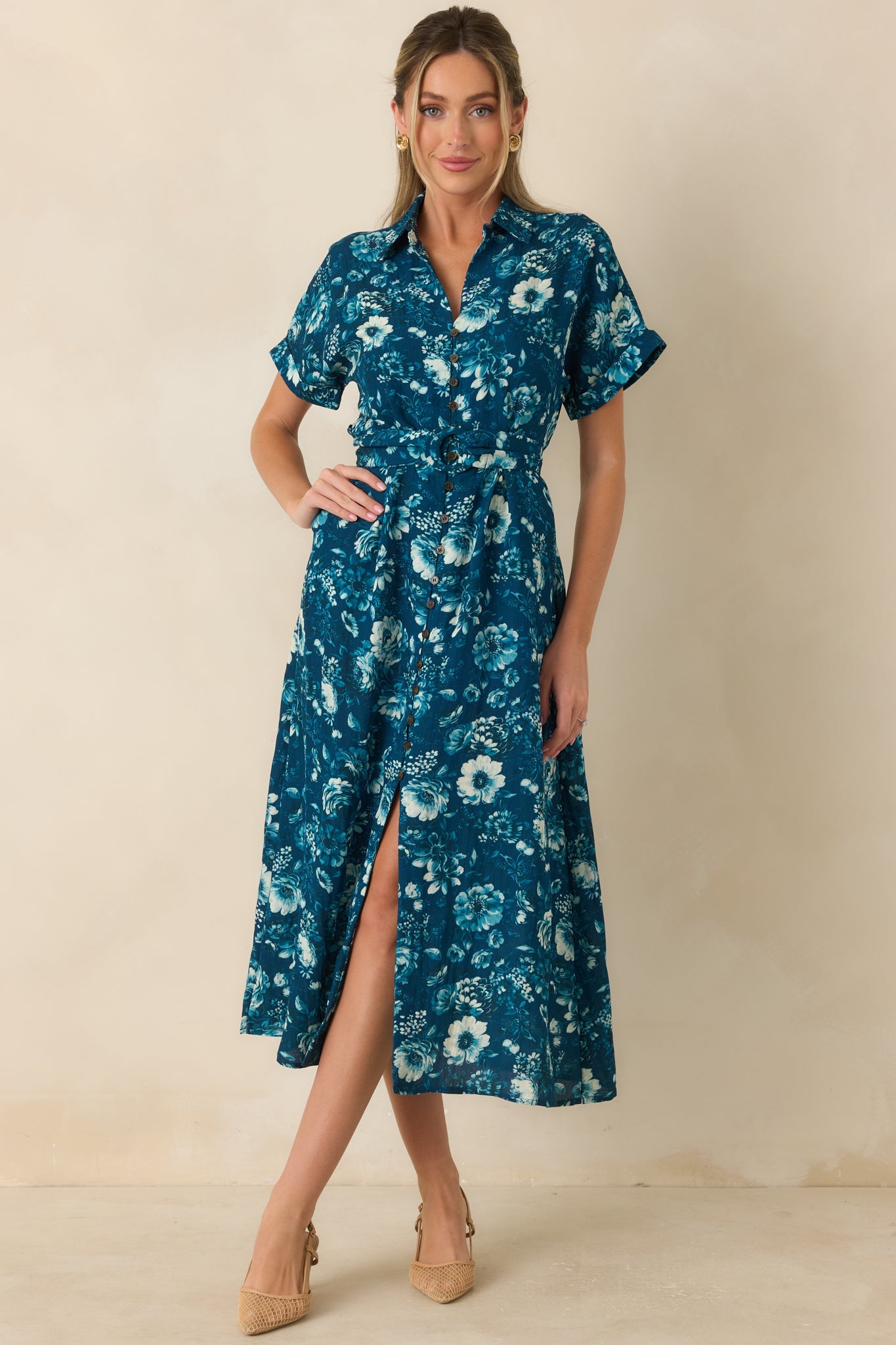 You'll See Soon Dark Teal Multi Floral Print Belted Midi Shirt Dress