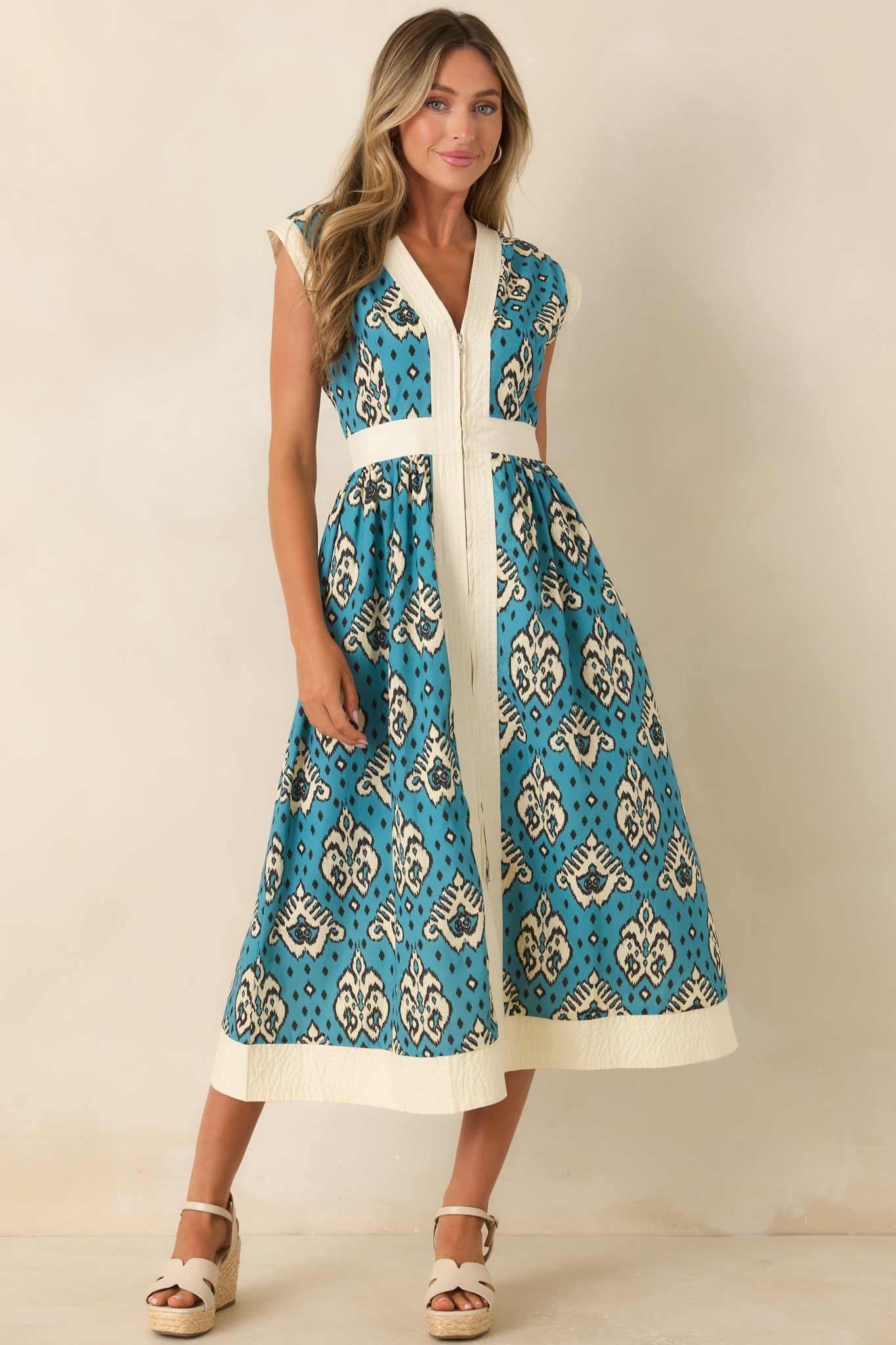In the Studio Teal & Ivory Ikat Print Cotton Midi Dress