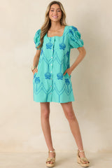 Coastal Rhythm Teal Palm Embroidered Cotton Puff Sleeve Mini Dress