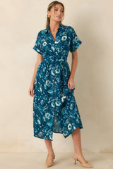 You'll See Soon Dark Teal Multi Floral Print Belted Midi Shirt Dress
