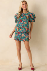 Pretty Please Teal Green Floral Print Mini Skirt