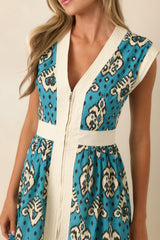 In the Studio Teal & Ivory Ikat Print Cotton Midi Dress