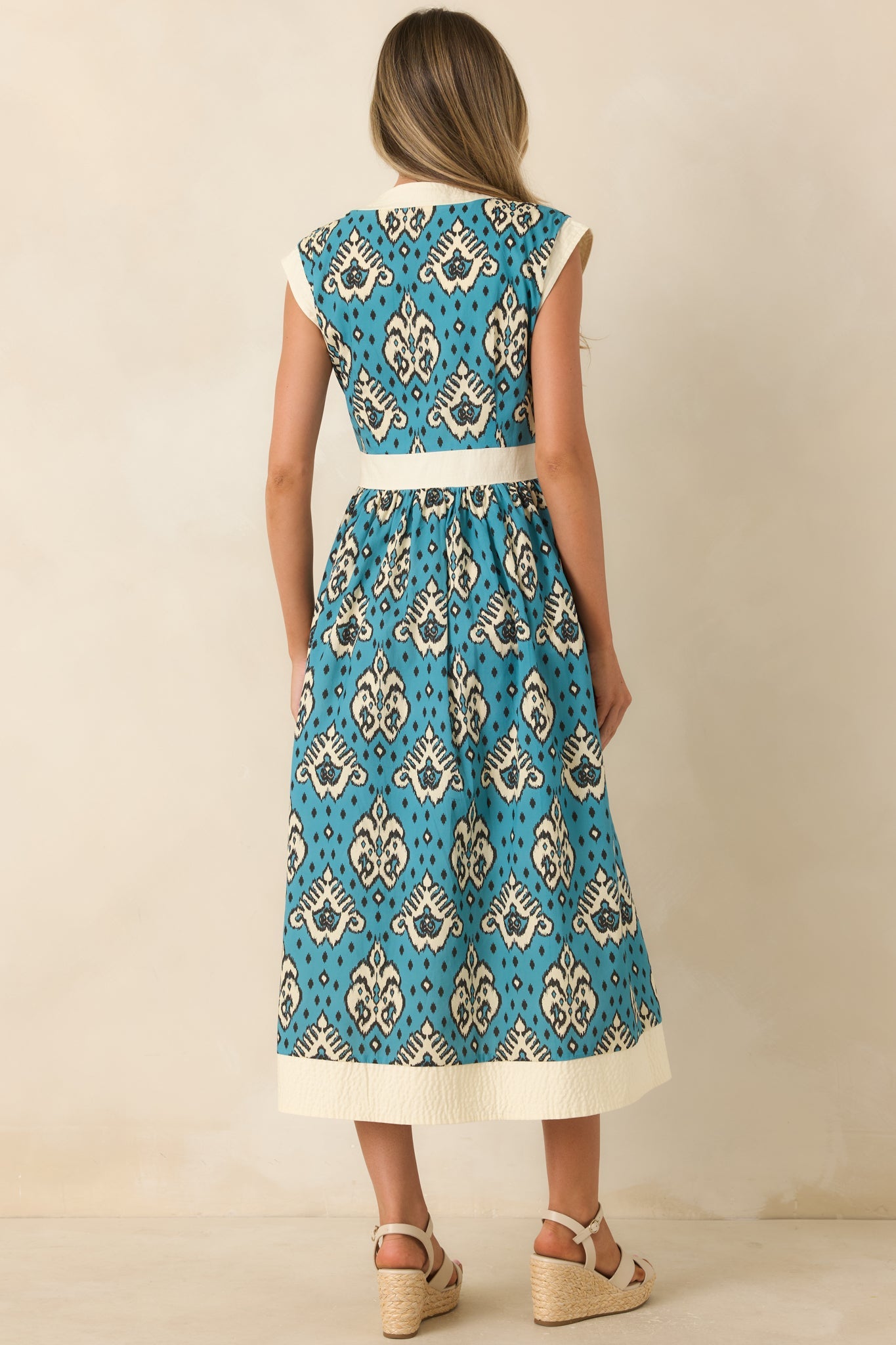 In the Studio Teal & Ivory Ikat Print Cotton Midi Dress