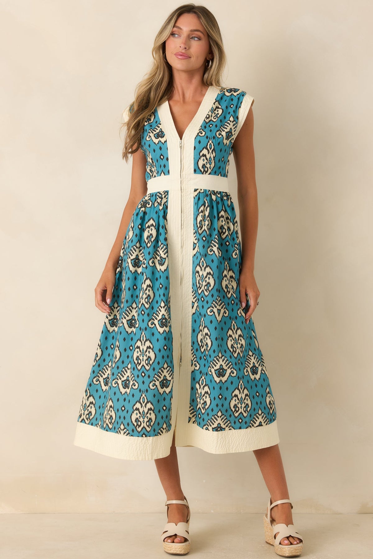 In the Studio Teal & Ivory Ikat Print Cotton Midi Dress