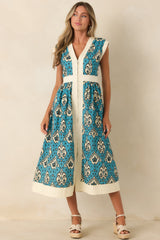 In the Studio Teal & Ivory Ikat Print Cotton Midi Dress