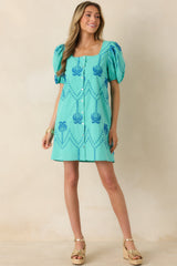 Coastal Rhythm Teal Palm Embroidered Cotton Puff Sleeve Mini Dress