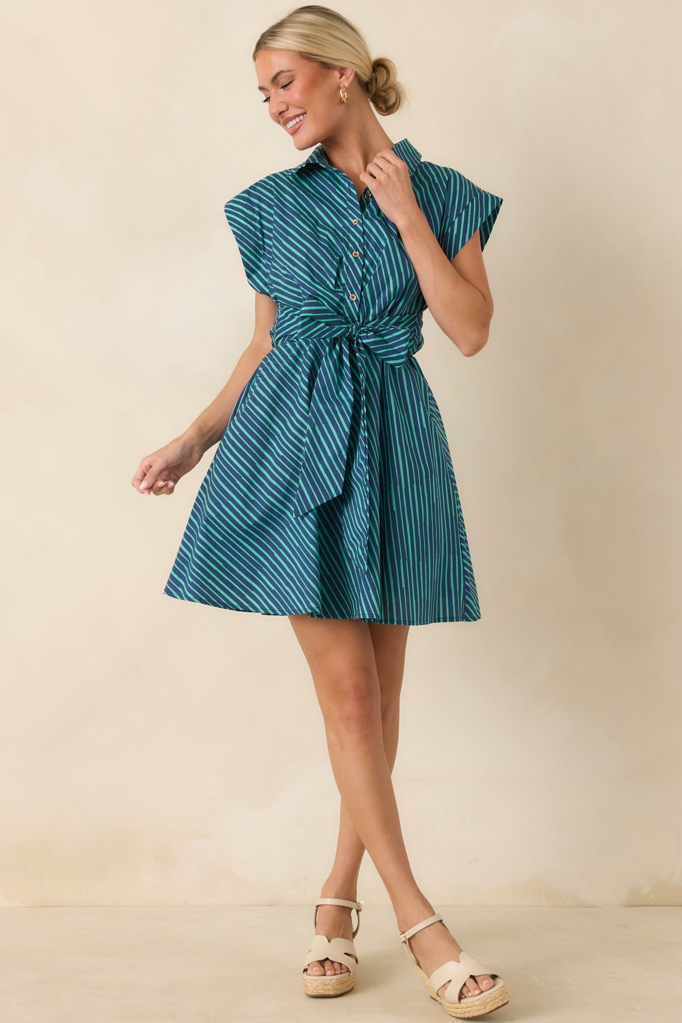 Blurred Lines Teal Stripe Tie Waist Mini Dress