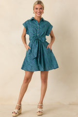 Blurred Lines Teal Stripe Tie Waist Mini Dress