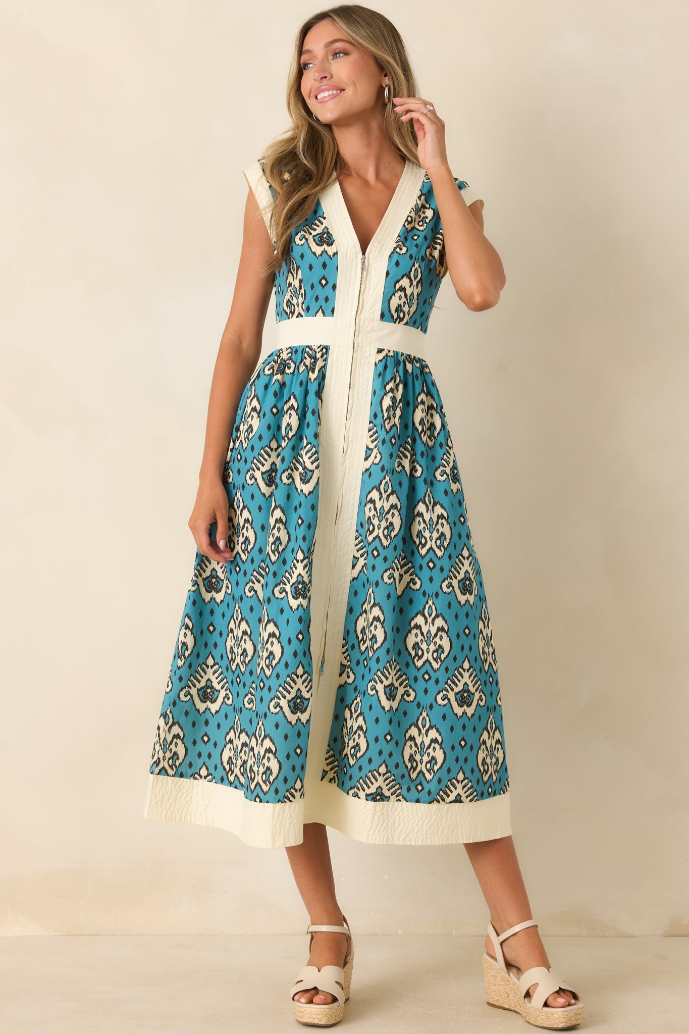 In the Studio Teal & Ivory Ikat Print Cotton Midi Dress