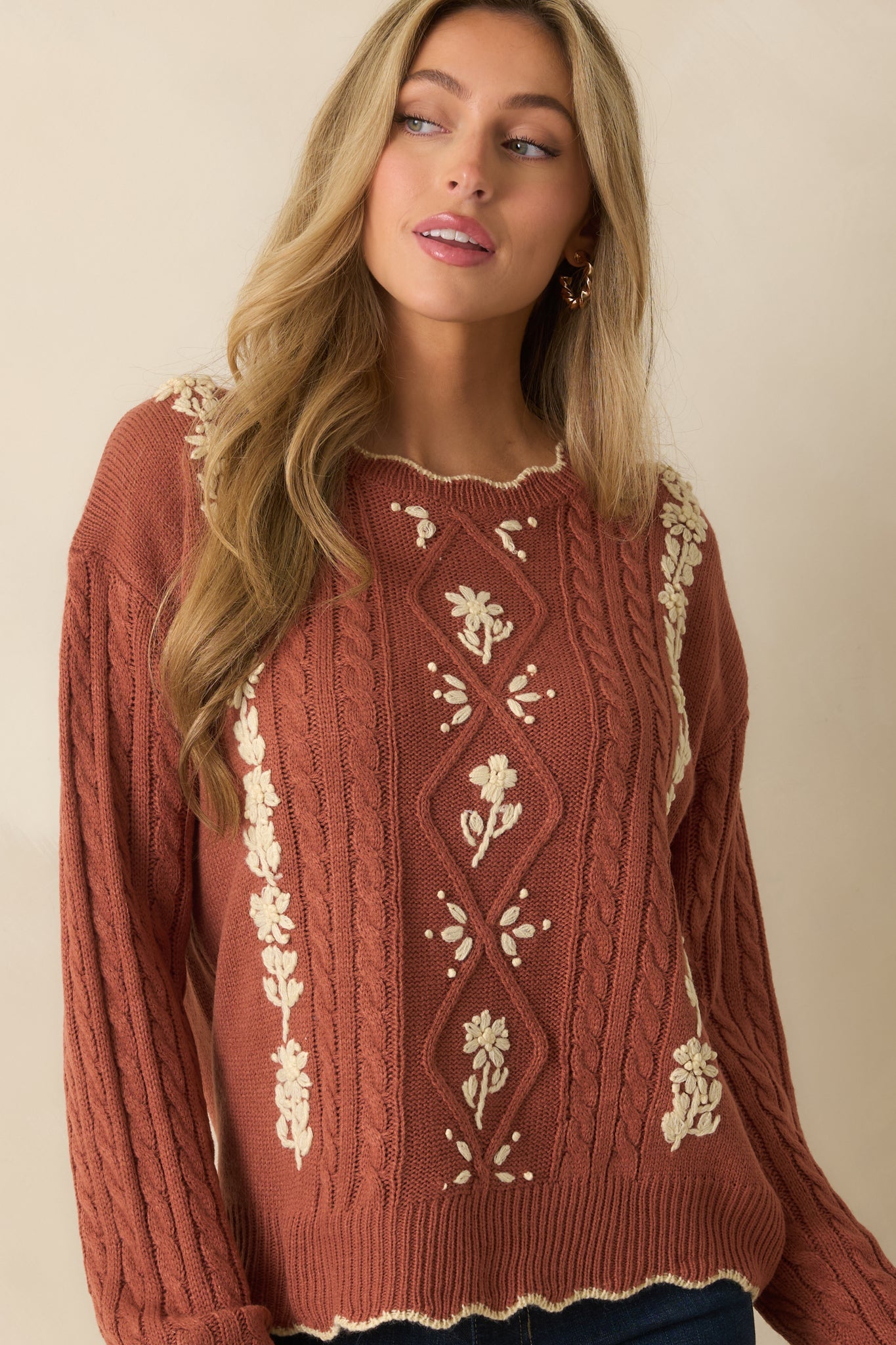 Guess Again Terracotta Cable Knit Floral Embroidered Scallop Hem Sweater
