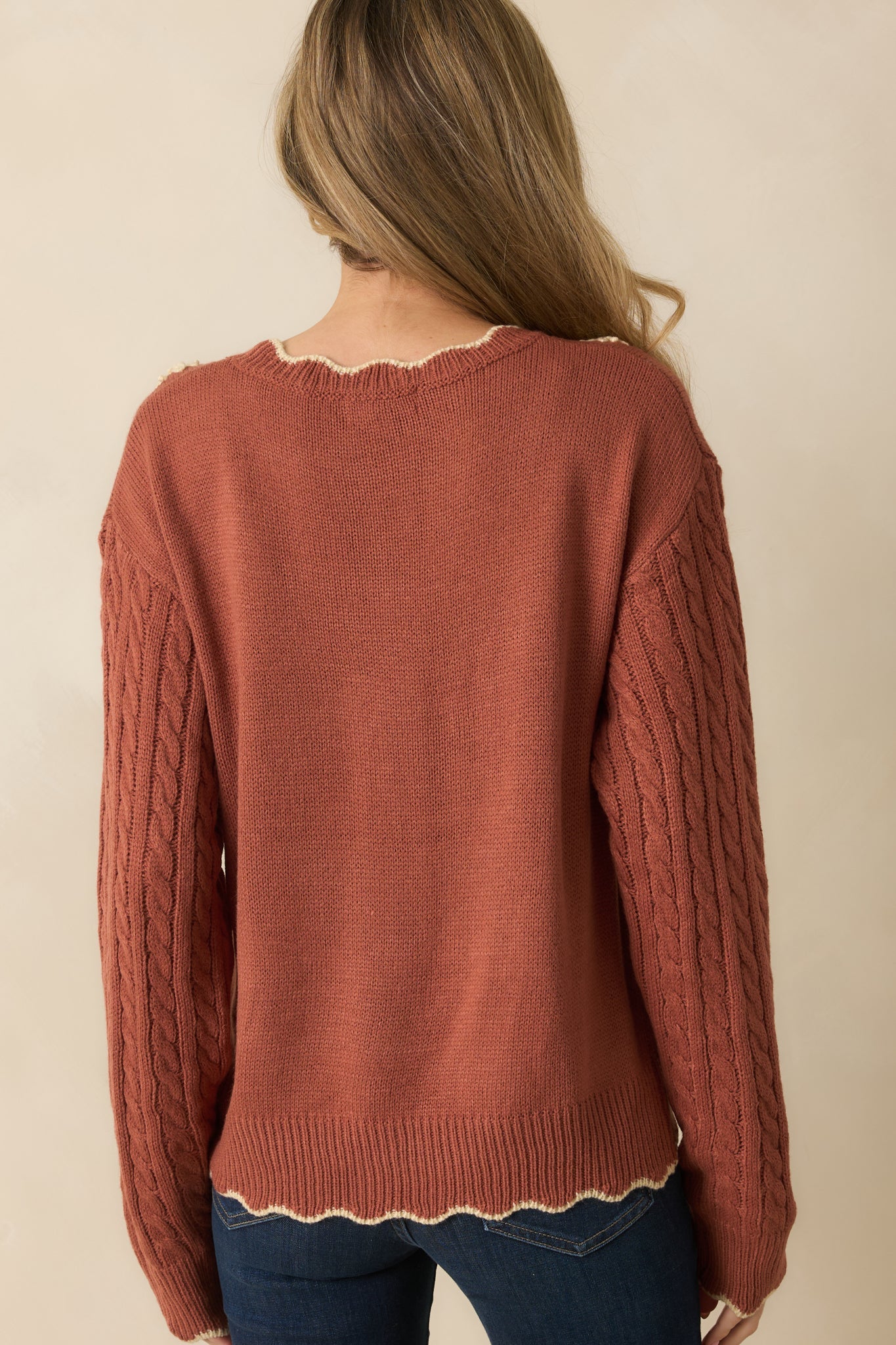 Guess Again Terracotta Cable Knit Floral Embroidered Scallop Hem Sweater