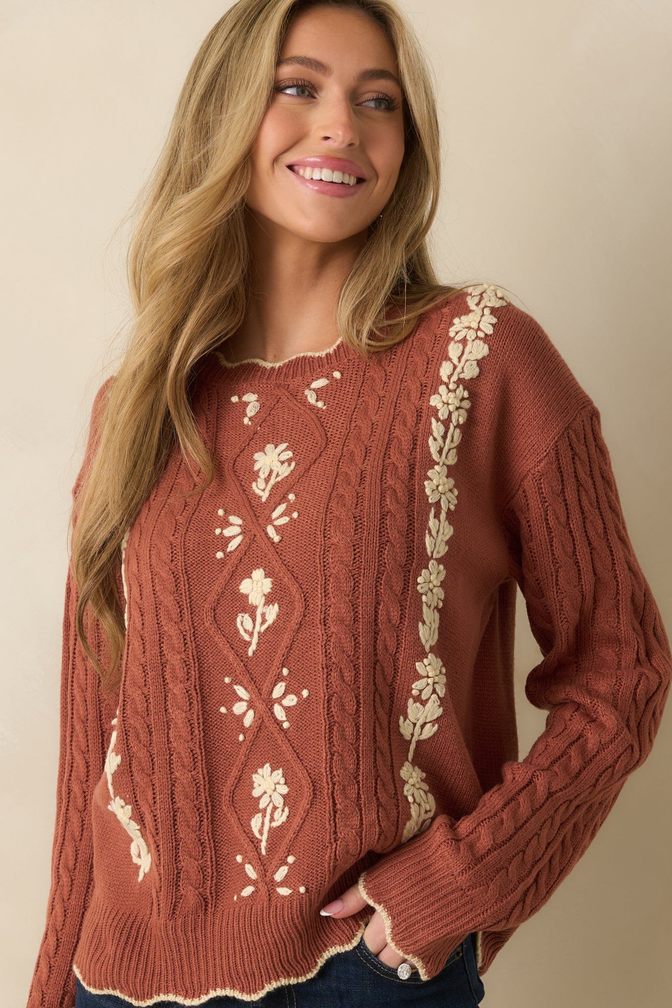 Guess Again Terracotta Cable Knit Floral Embroidered Scallop Hem Sweater