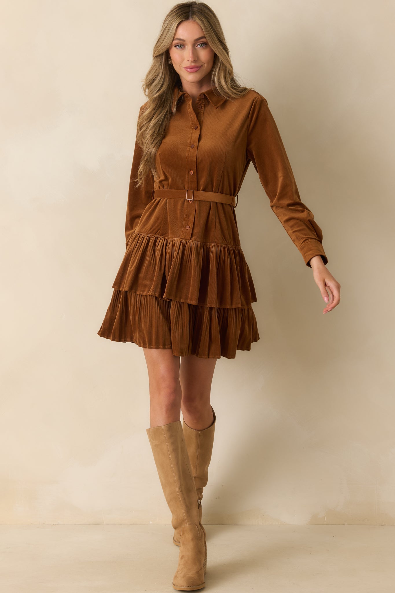 Against The Grain Caramel Brown Corduroy Belted Mini Shirt Dress