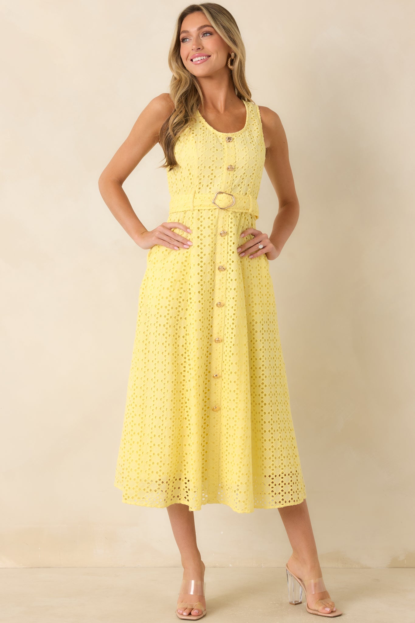 Garden Society Yellow Cotton Eyelet Sleeveless Midi Dress