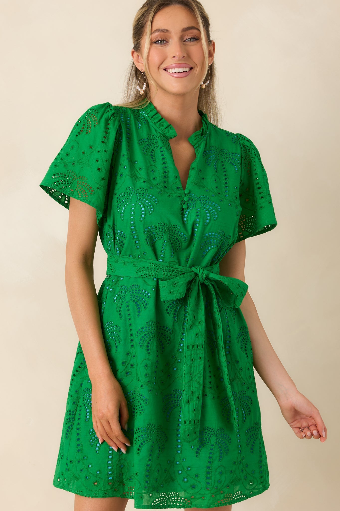 Isn't This Fun Green Cotton Eyelet Tie Waist Mini Dress