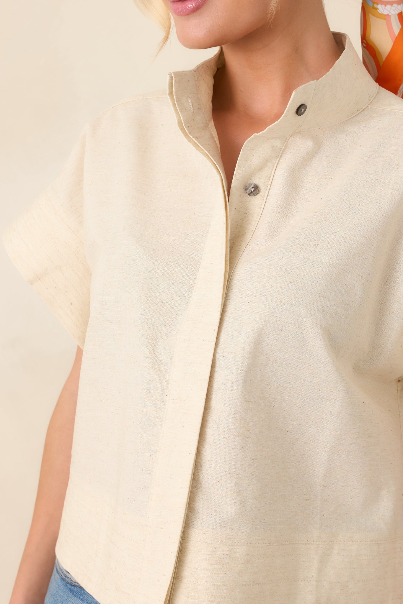 Pretty In Power Natural Cotton Linen Button-Front Mock Neck Top