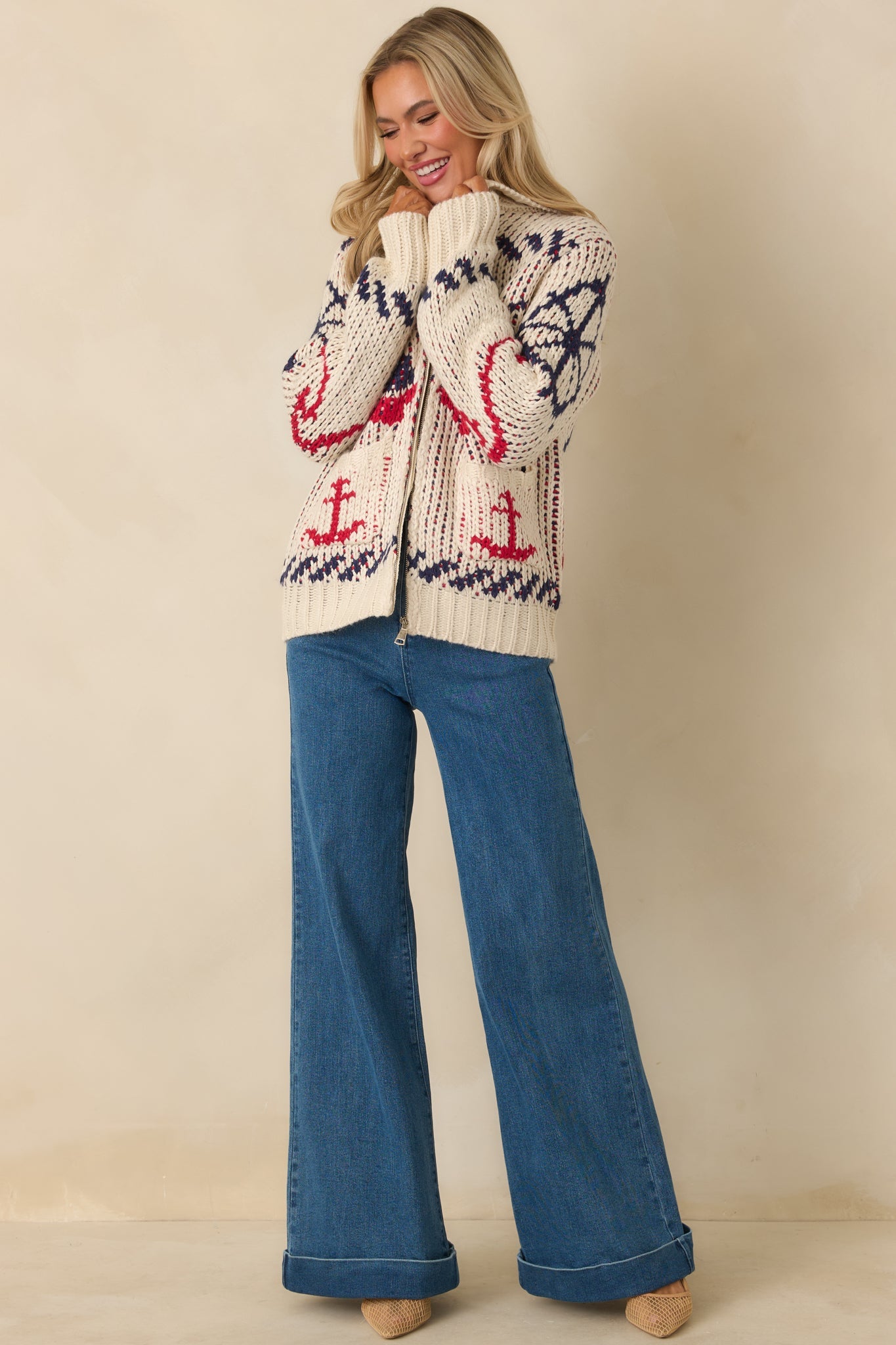 Between Tides Ivory Multi Knit Nautical Zip Up Collared Sweater Jacket