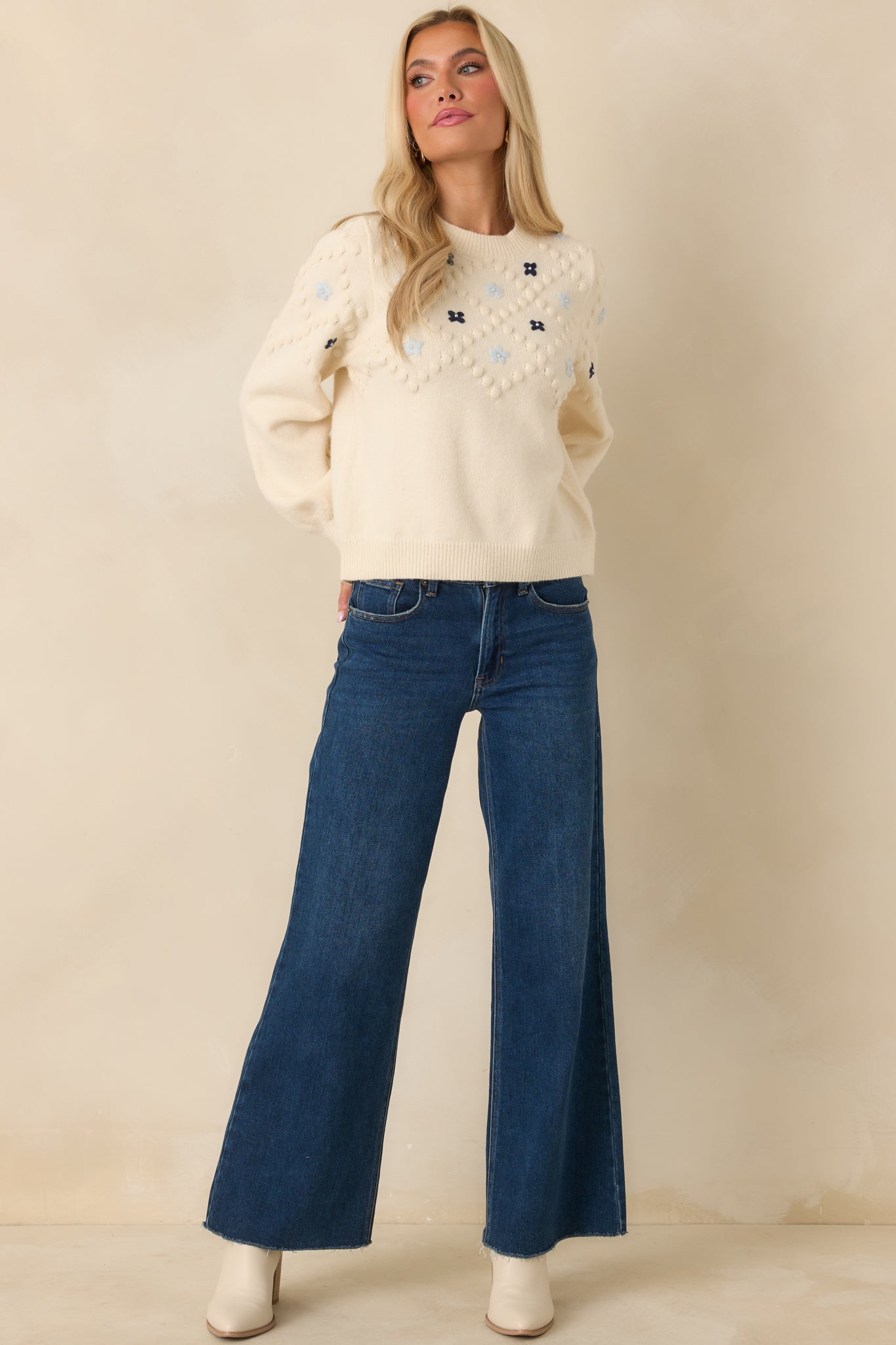 Petals and Pearls Ivory Multi Knit Floral Embroidered Crewneck Sweater