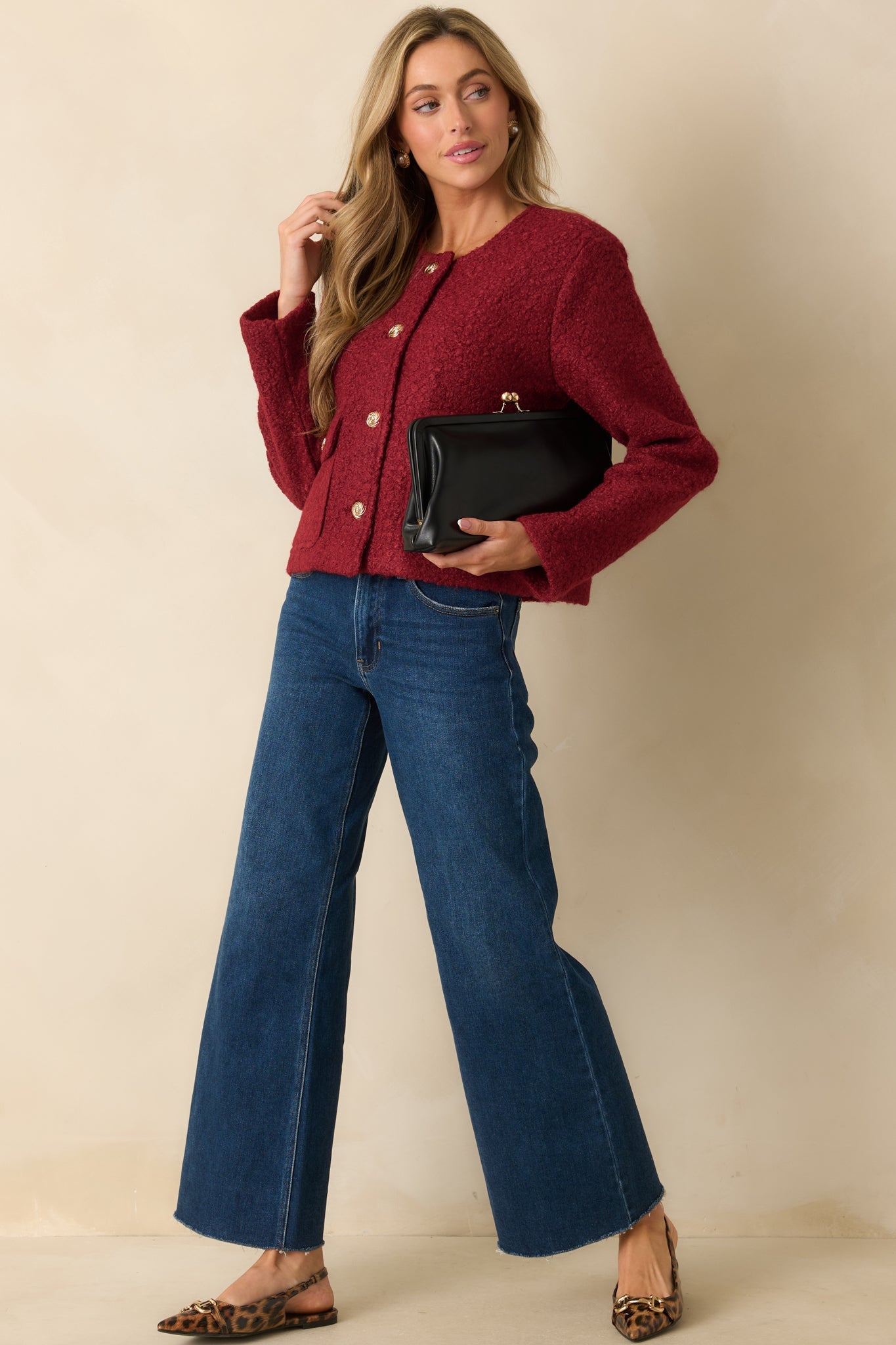 Whispered Warmth Cherry Red Bouclé Button Front Jacket