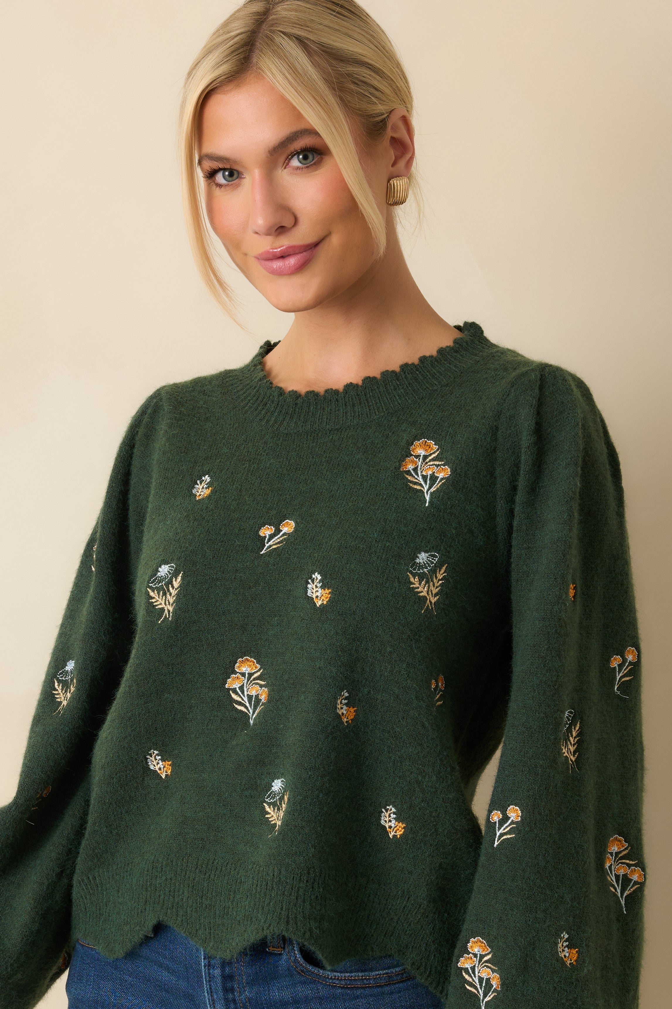 Say It With Flowers Hunter Green Floral Embroidered Knit Sweater