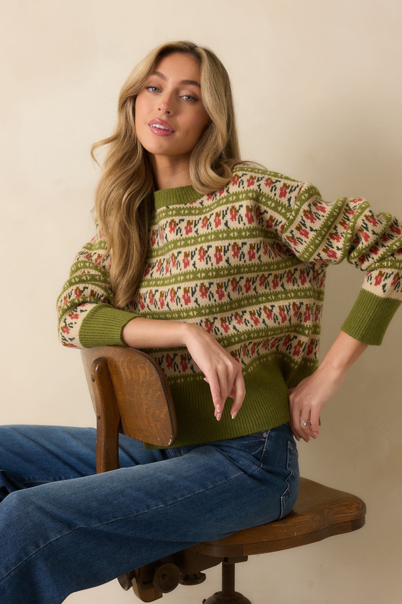 Guess What's Next Light Olive Multi Fair Isle Knit Crewneck Sweater