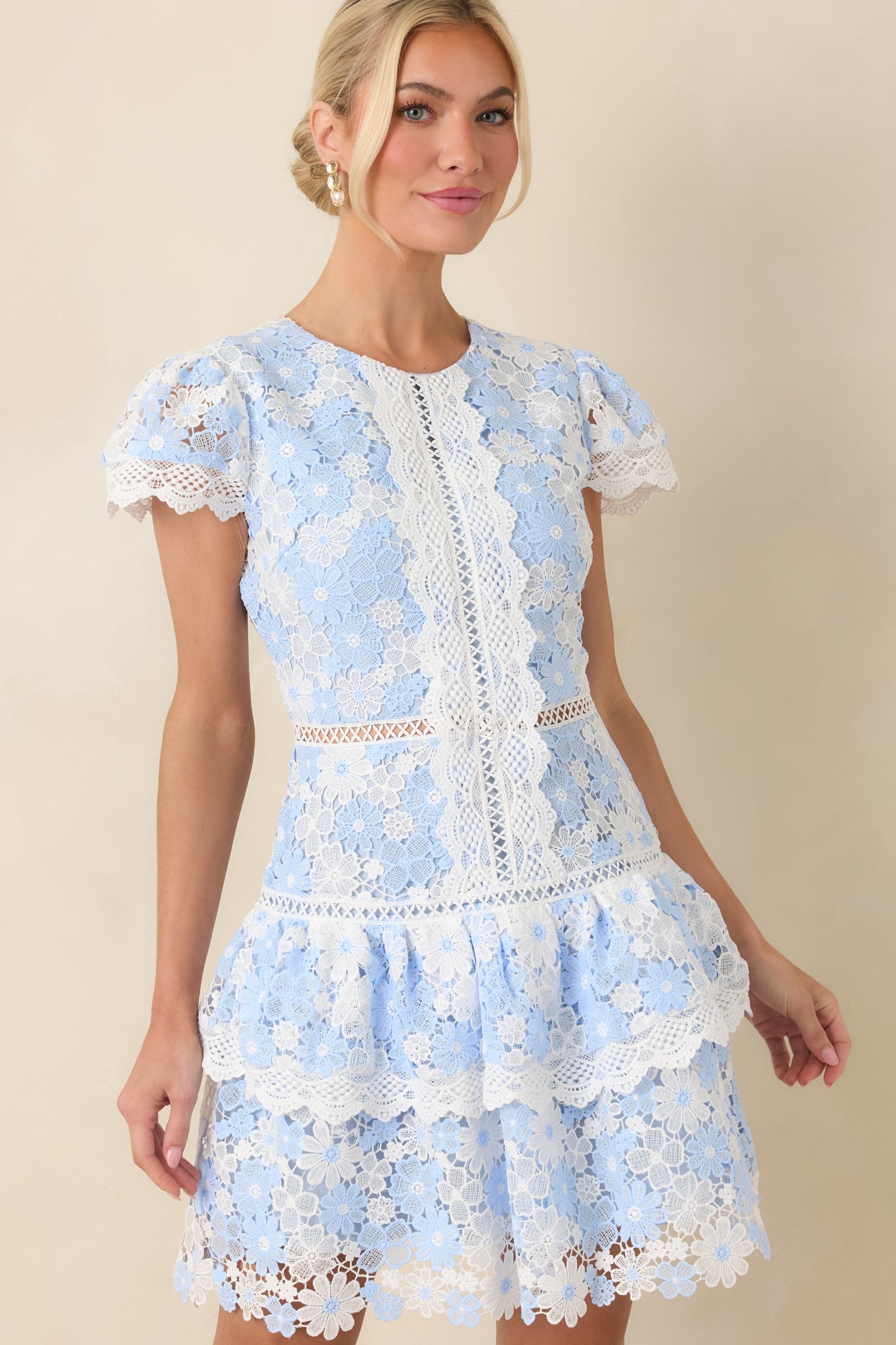 Tea with the Duchess Blue & Ivory Floral Lace Ruffle Hem Mini Dress