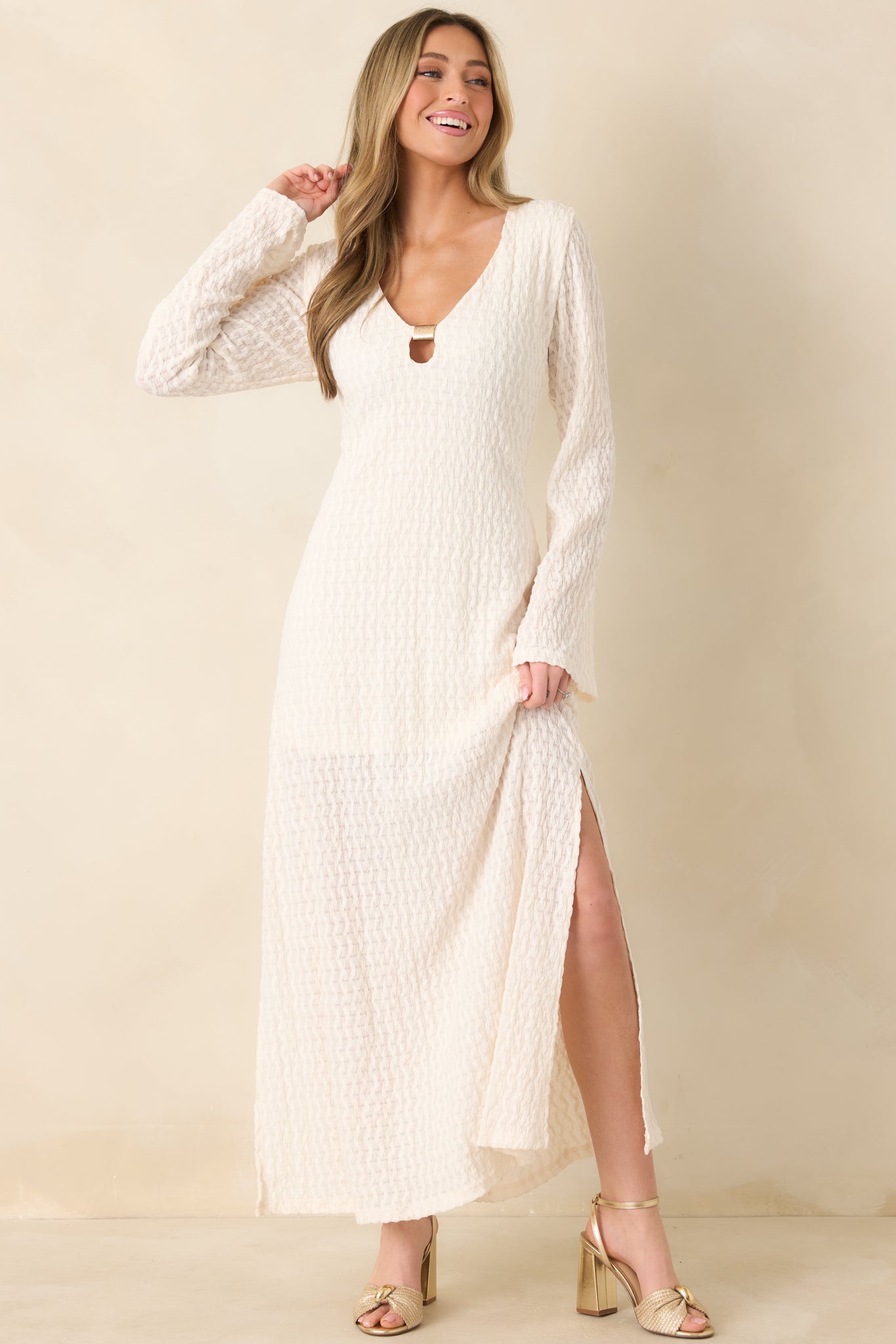 Just a Hint of Glam Ivory Textured Semi-Sheer Long Sleeve Maxi Dress