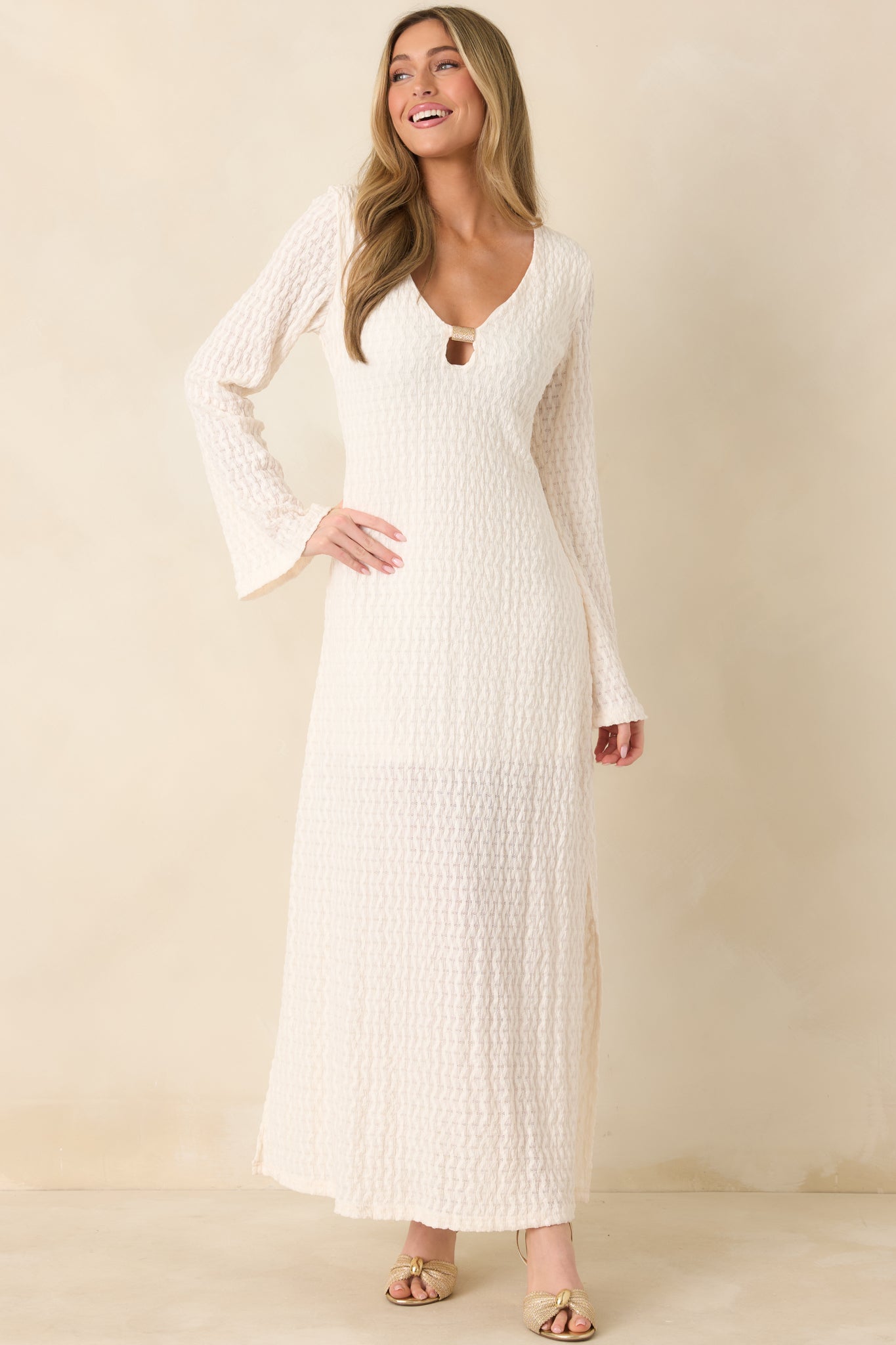 Just a Hint of Glam Ivory Textured Semi-Sheer Long Sleeve Maxi Dress