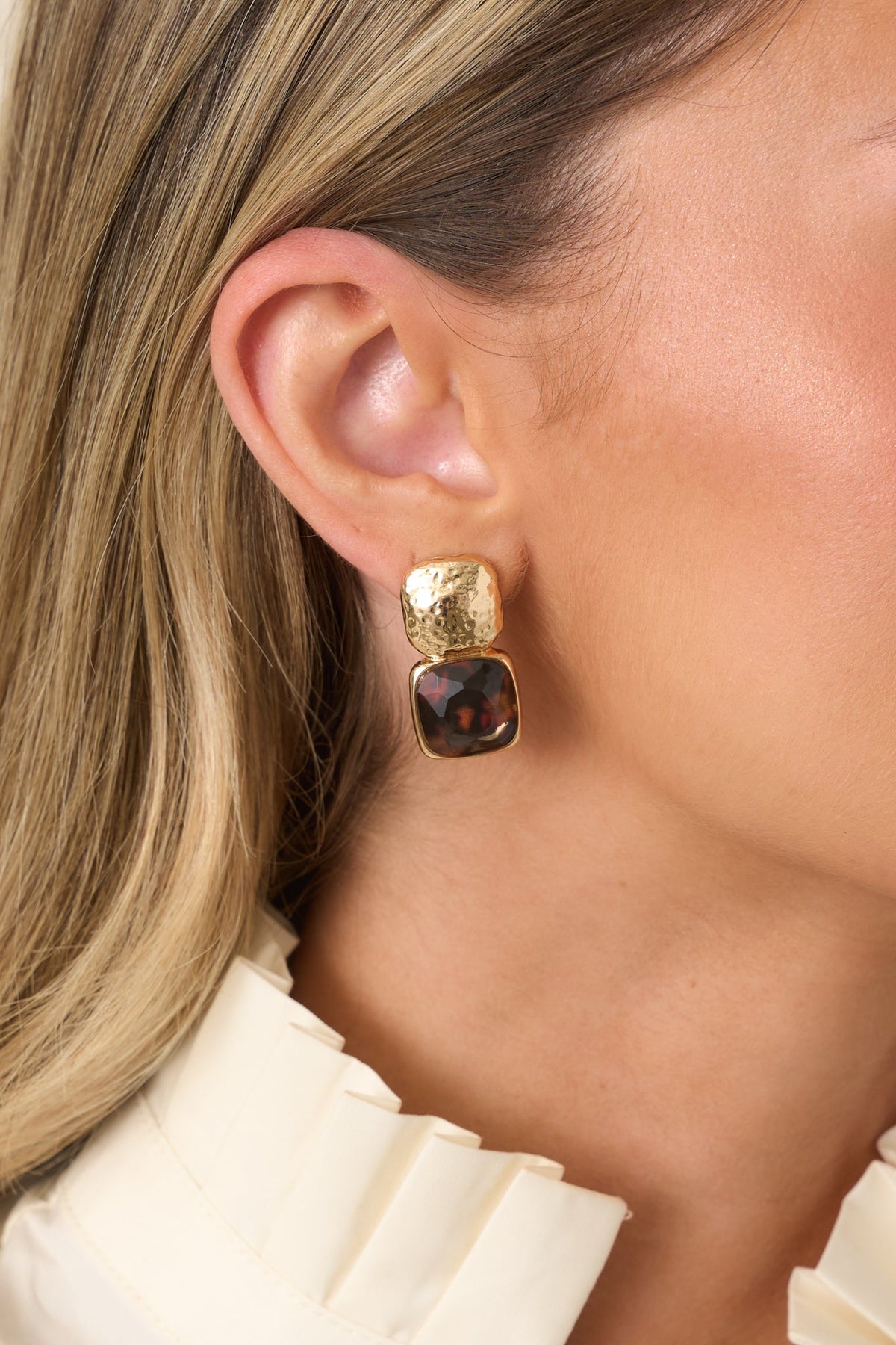 Too Good to Pass Up Gold Textured Tortoise Drop Earrings