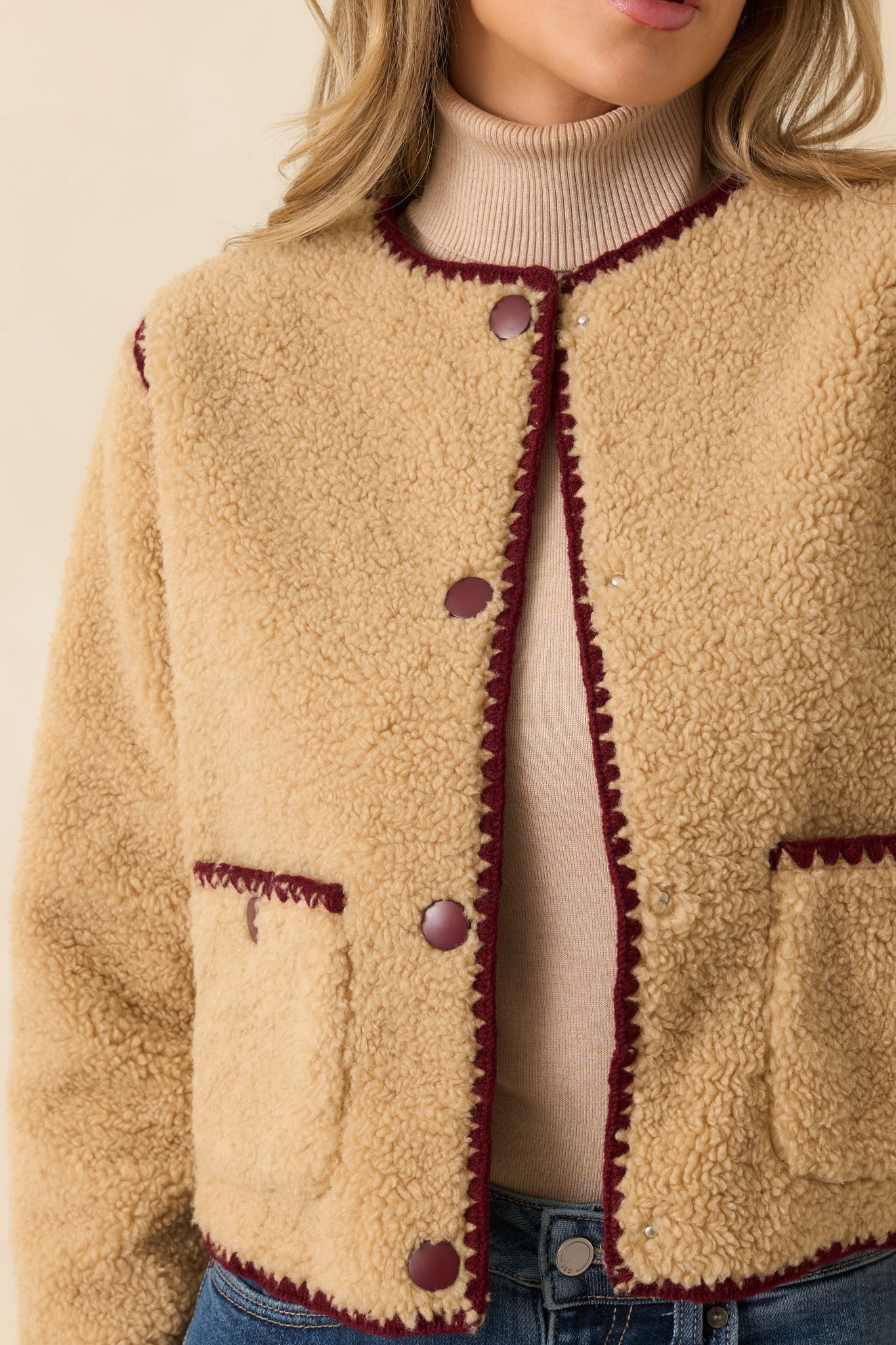 Bound to Be Cozy Beige & Burgundy Contrast Stitch Sherpa Jacket