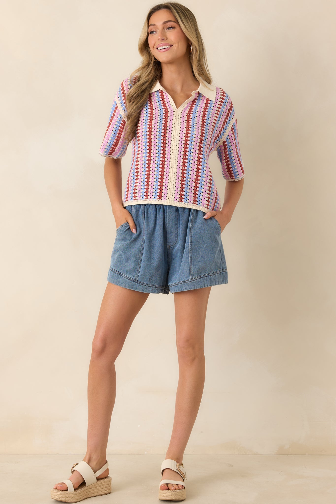 FRNCH Missy Violet Multi Stripe Cotton Blend Knit Top