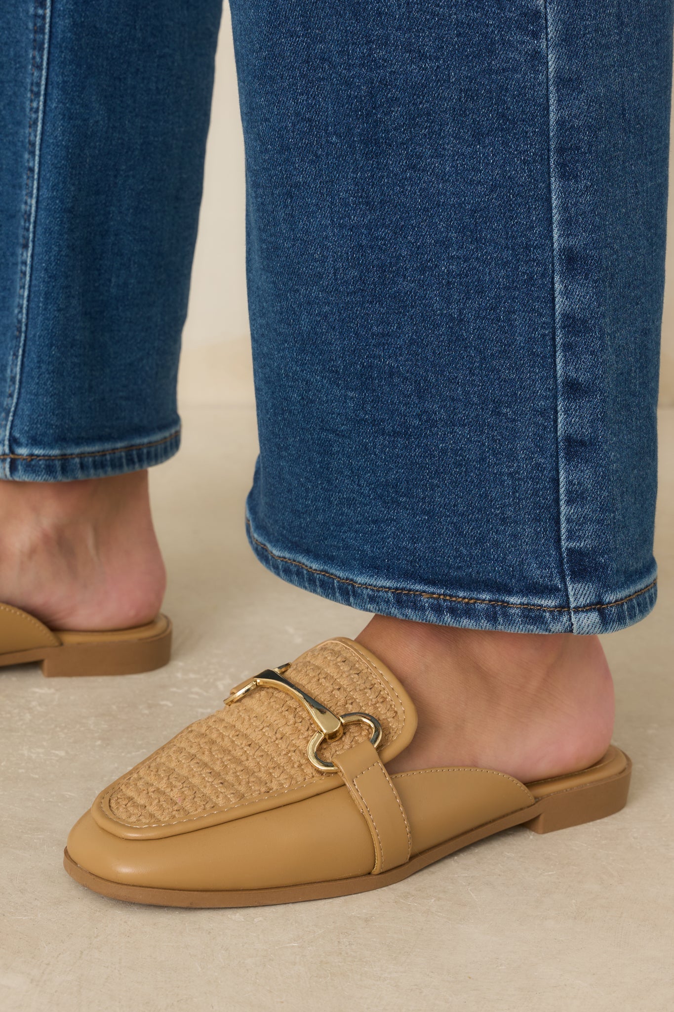 Easy Elegance Tan Woven Faux Leather Mule Loafers