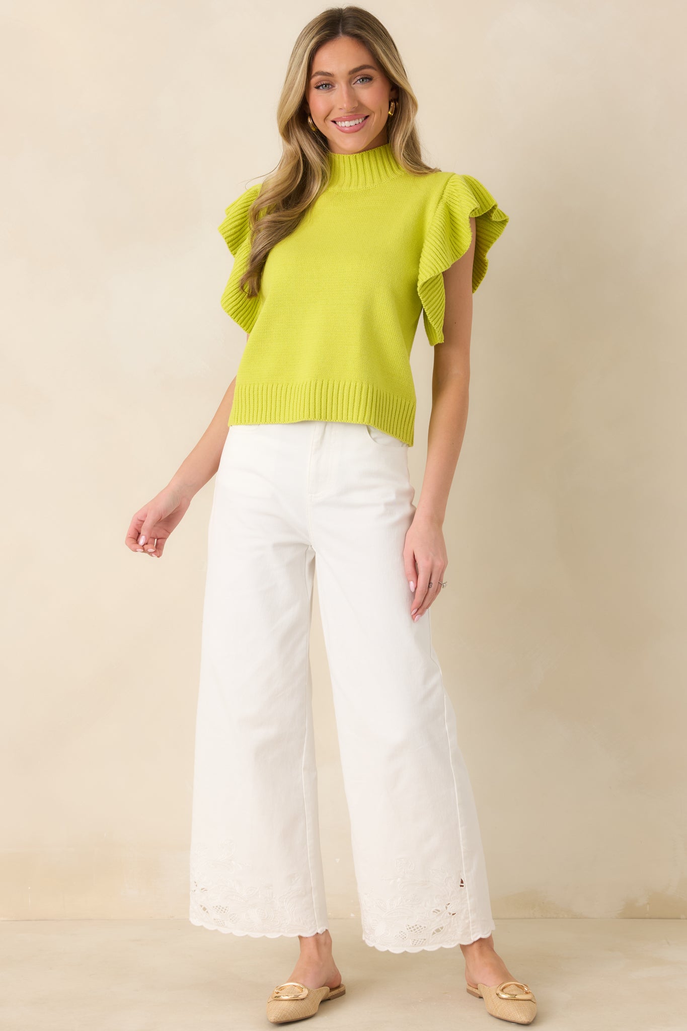 Watch Her Work Chartreuse Green Knit Flutter Sleeve Top