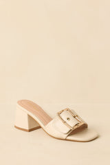 Oh So Nice Light Beige Buckle Strap Block Heels