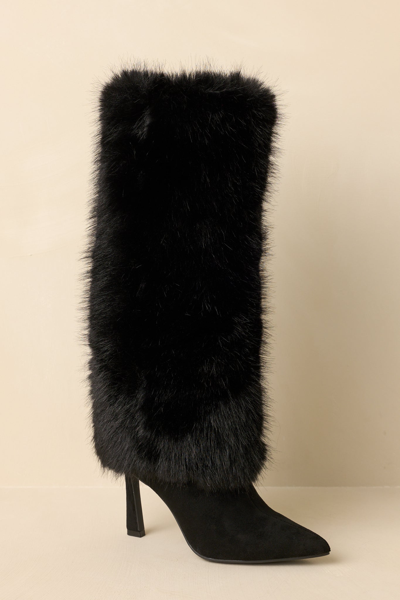 Fine Point Black Faux Fur and Suede Pointed Toe Stiletto Boots