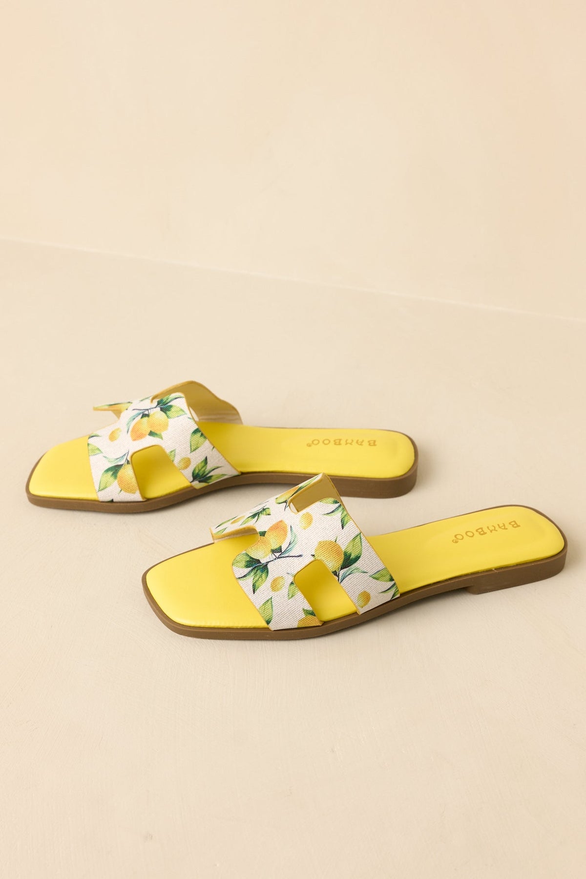 Picked Fresh for You Yellow Multi Lemon Print Slide Sandals