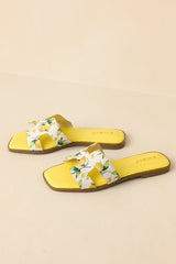 Picked Fresh for You Yellow Multi Lemon Print Slide Sandals