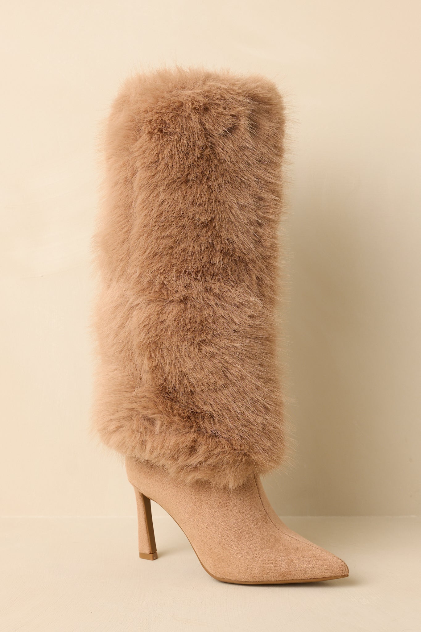 Fine Point Tan Faux Fur and Suede Pointed Toe Stiletto Boots