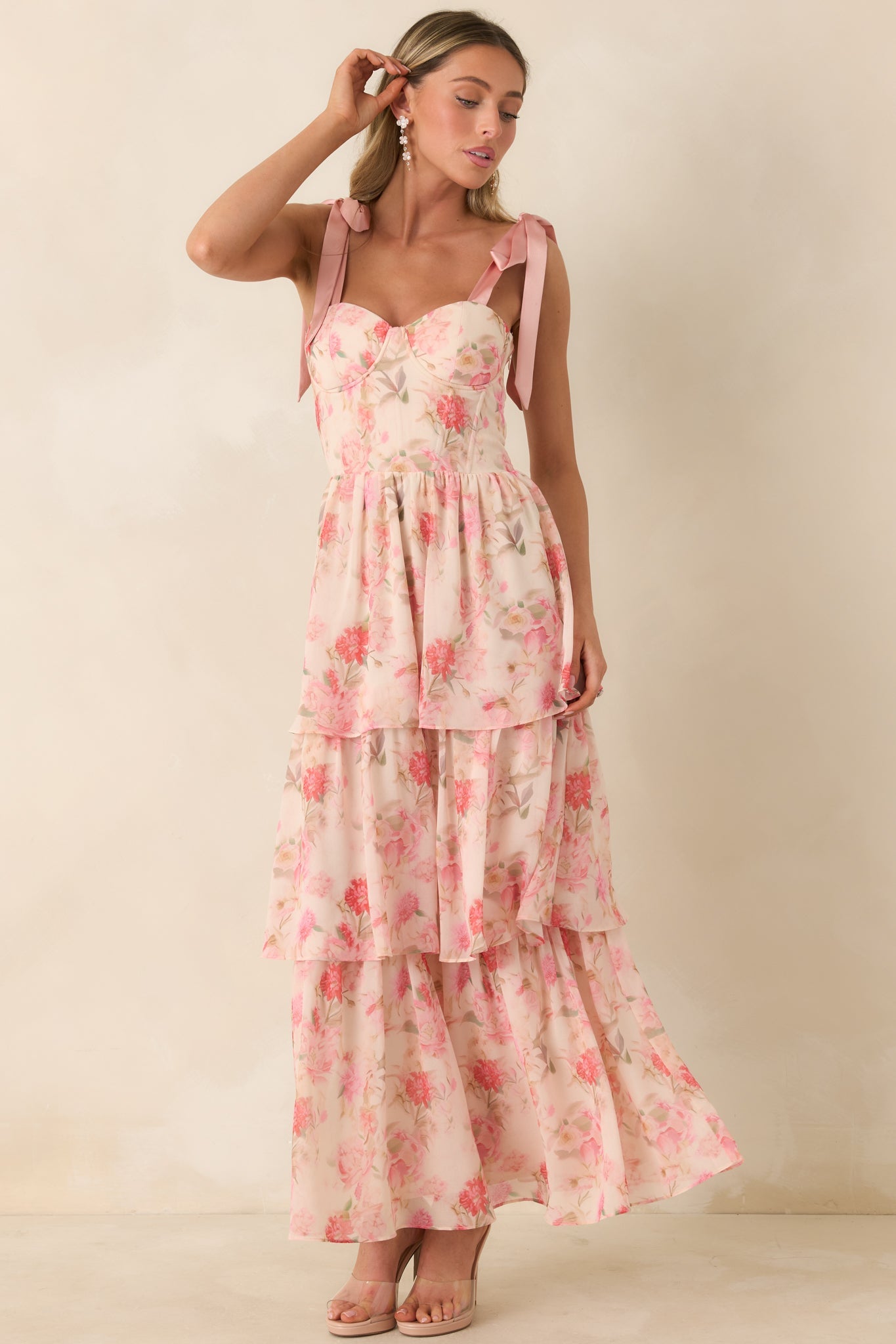 Written in Flowers Coral Pink Floral Tie Strap Maxi Dress