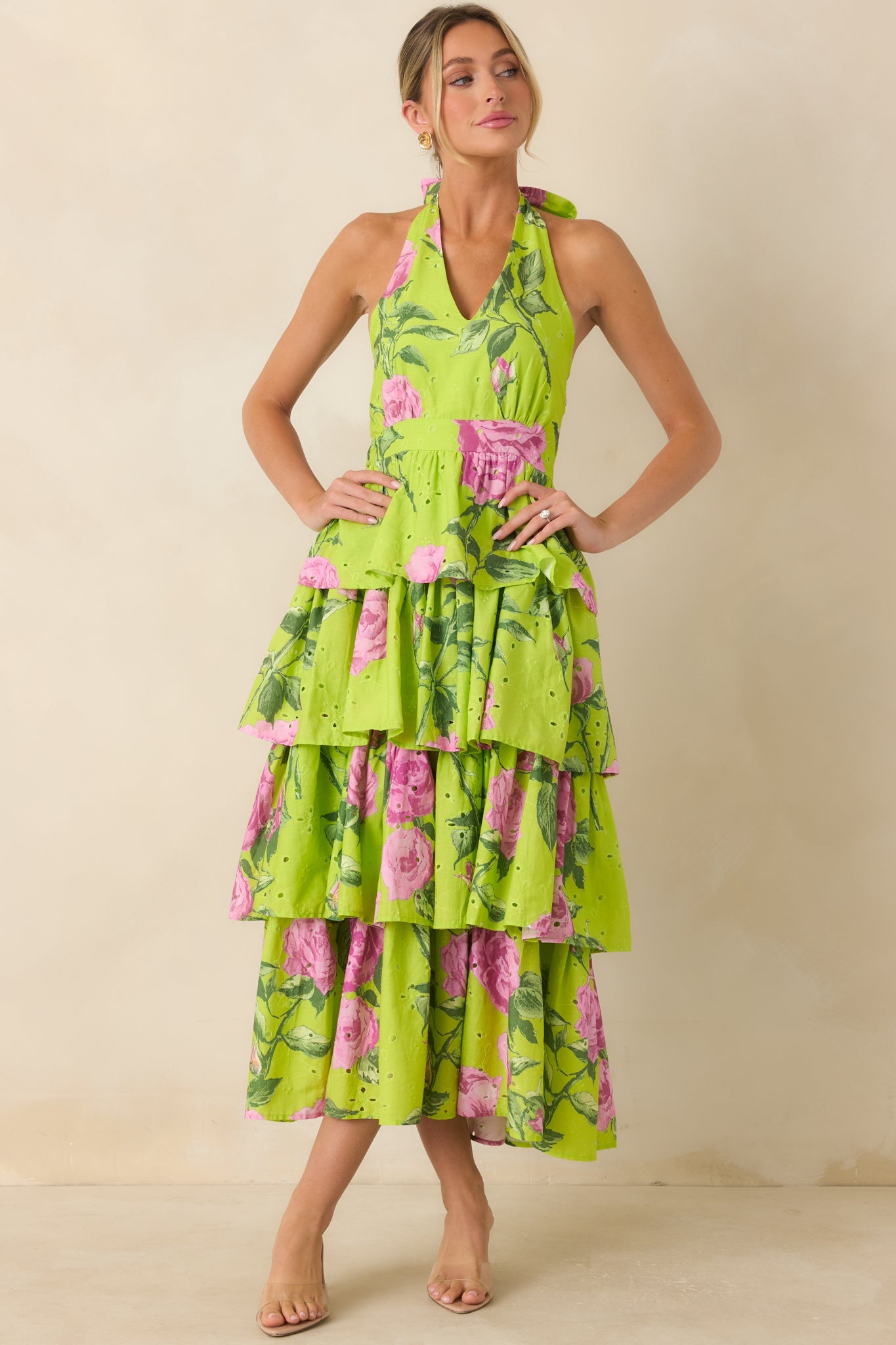Blooming Beautiful Chartreuse Floral Cotton Halter Midi Dress