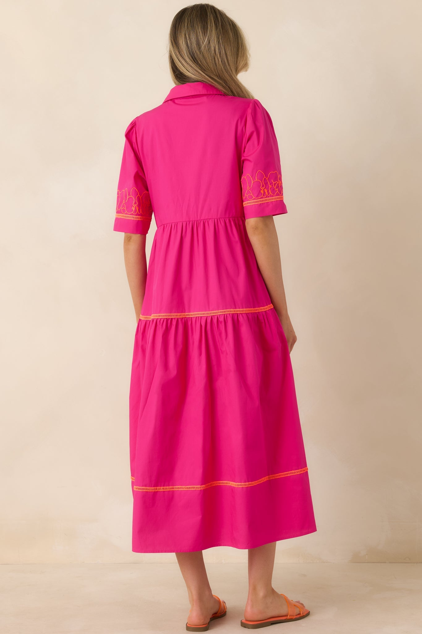 Island Glow Fuchsia Tropical Cotton Embroidered Tiered Midi Dress