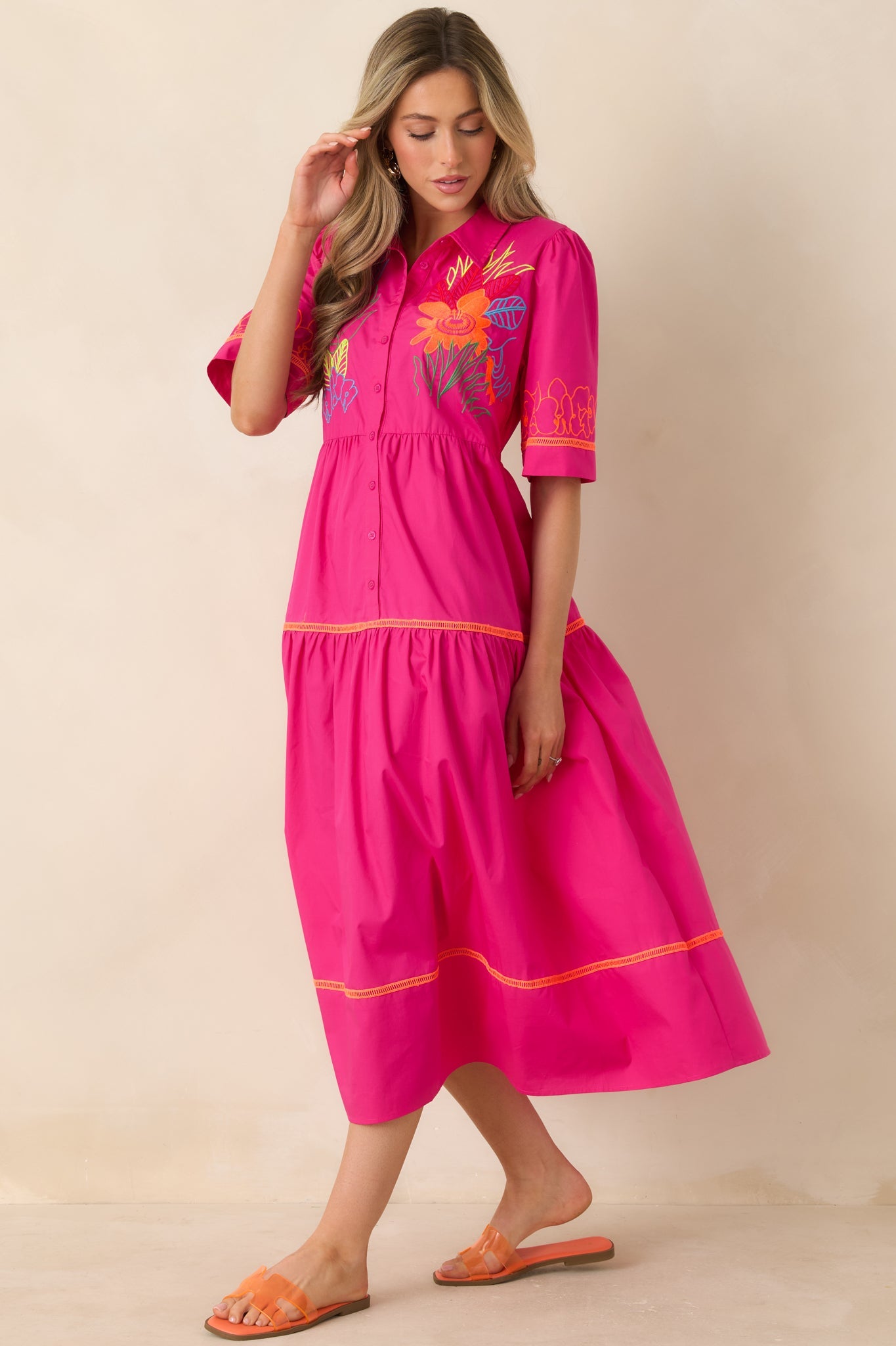 Island Glow Fuchsia Tropical Cotton Embroidered Tiered Midi Dress